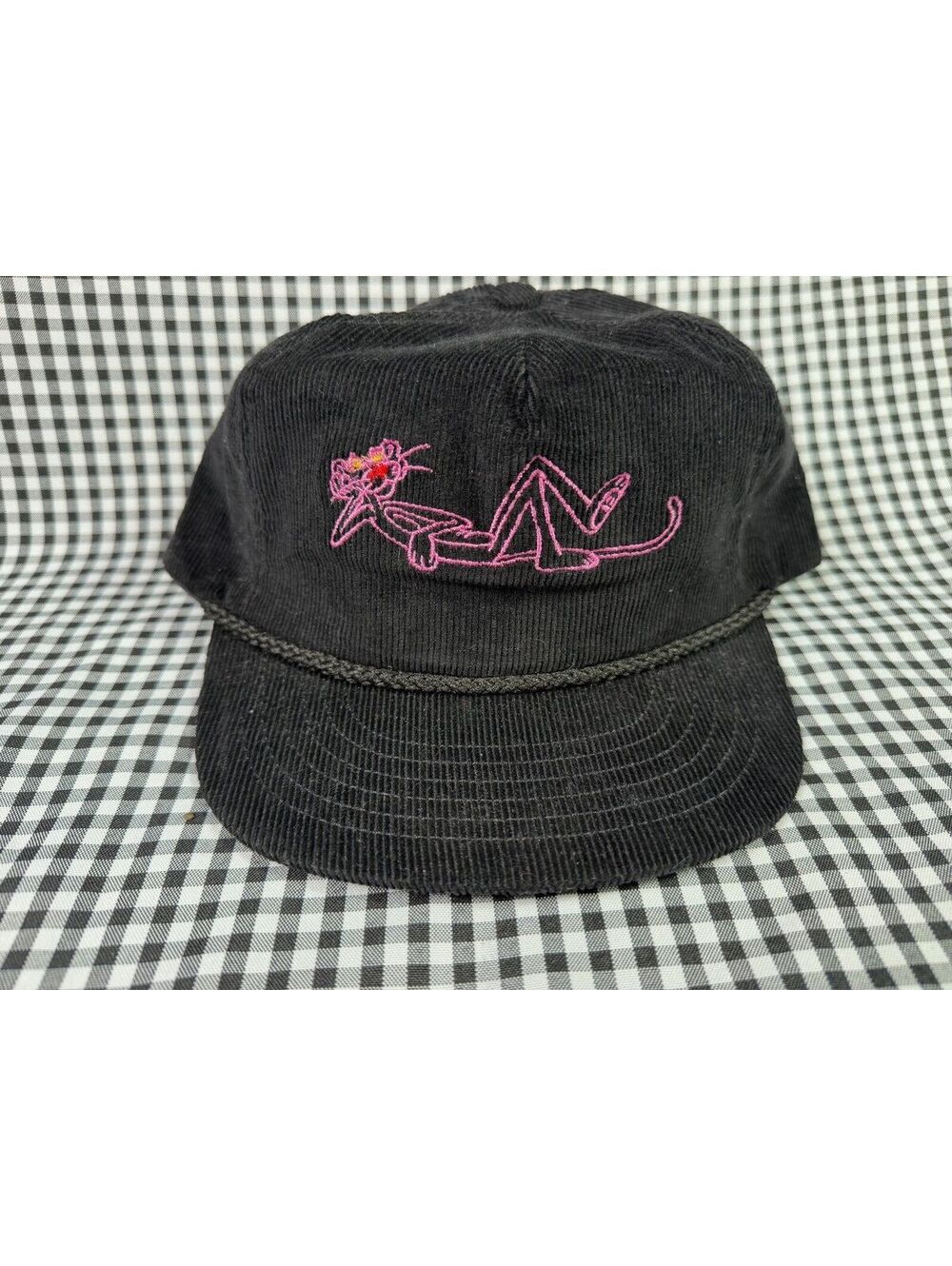 Vintage Pink Panther Black Corduroy Rope Hat USA Made Embroidered Snapback 90s